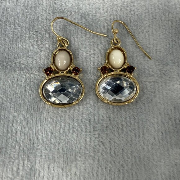 Gold-Tone Dangle Earrings With Faceted Clear & Cream Stones Pierced Womens - Picture 13 of 13